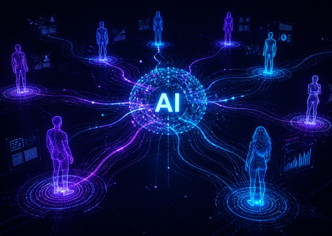 Humans connected to an AI network through glowing digital pathways